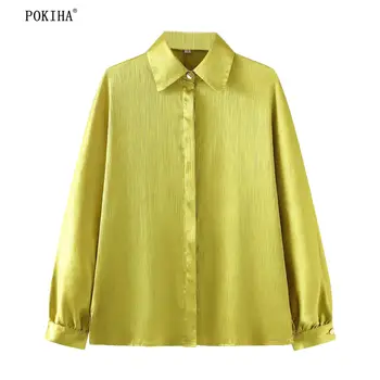 Pokiha 2023 אופנה נשים משי סאטן חלוק החולצה משרד גבירותיי שרוול ארוך רופף חולצה אחת עם חזה Chemise Blusas שיק לכל היותר
