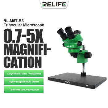 RELIFE RL-M5T-B3 0.7-5.0 X Trinocular HD סטריאו מיקרוסקופ זום רציף להתמקד HD רחב זווית הטלפון הנייד תיקון מיקרוסקופ