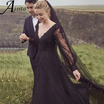 Remarkbale צוואר V שרוולים ארוכים שחורים חתונה שמלה קו אפליקציות תחרה שמלת כלה ללא משענת רכבת לטאטא נצנצים החלוק De Mariée
