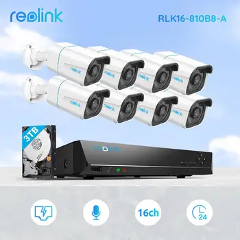 Reolink RLK16-810B8-A 4K NVR פו אדם/רכב זיהוי 24/7 הקלטה HDD 3TB 8MP HD Ultra כדור חכם, מערכת אבטחה בבית