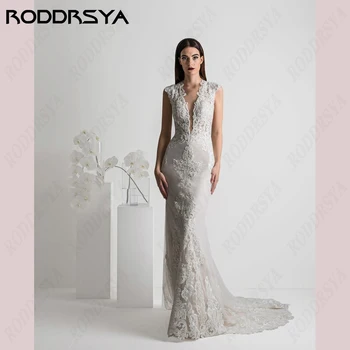 RODDRSYA עמוק V-צוואר בתולת ים שמלת החתונה לנשים אשליה רוכסן בחזרה החלוק דה לנשף אפליקציות תחרה ללא שרוולים כלת המסיבה.