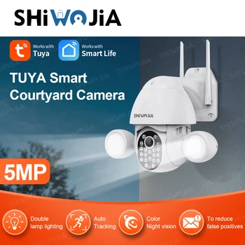 SHIWOJIA Tuya חכם 5MP מצלמת מעקב אורות Wifi AI דמוי זיהוי 4X זום ענן, מצלמות במעגל סגור, הנורה LED מצלמת אבטחה