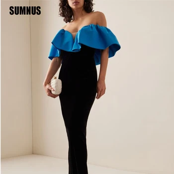 SUMNUS שחור קטיפה, V-צוואר ארוך ישר שמלות נשף את כתף שמלת ערב אלגנטית אורך רצפת צד שמלות סטרפלס
