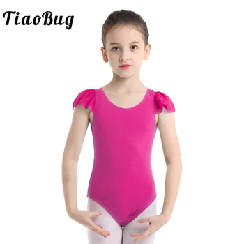 TiaoBug ילדים פרע שרוול בגד גוף לבלט הבמה ריקוד תלבושת ילדים בנות מוצק צבע התעמלות בגד גוף הספורט בגד גוף