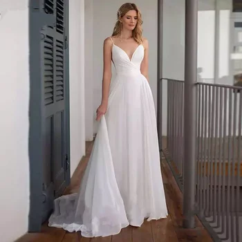 TIXLEAR נשים פשוט חוף שיפון שמלת החתונה 2023 ספגטי רצועת צוואר V בהזמנה אישית בוהמי שמלות כלה Vestido De Noiva