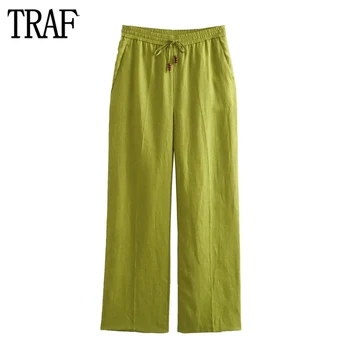 TRAF 2023 פיג ' מות מכנסיים רחבים אישה ירוקה גבוהה המותניים מכנסיים לנשים קפלים ישר מכנסיים נשים קיץ מזדמן נשים מכנסיים