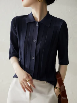Turn-למטה צווארון חולצת טריקו נשי אופנה קוריאנית בגדים כפתור Tshirts לנשים שרוול קצר 2023 הקיץ קרדיגן סרוג מקסימום