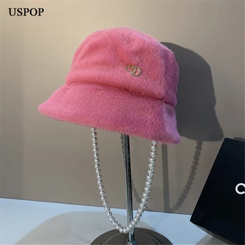 USPOP מעצב מותג נשים חורף דלי כובעים עם פרל שרשרת מקרית ורוד קטיפה רכות חמים כובעים S M L