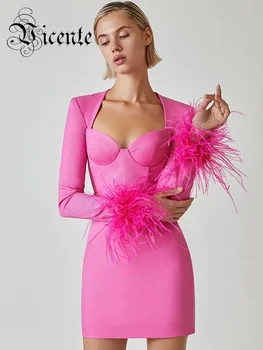 VC שמלות אלגנטיות לנשים 2023 אביב אופנתי חדש אופנה נוצה שרוול ארוך מיני תחבושת שמלה צמודה