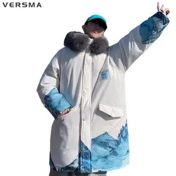 VERSMA סגנון קוריאני הר השלג צבע הדפסה והברדסים גברים חורף חם צווארון פרווה ארוכה ריפוד מעילי נשים Dropshipping