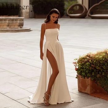 Viisher פשוט קו חתונה שמלת שושבינה רצועות ספגטי סקסי הרגל פיצול שמלות כלה לונג ביץ החתונה שמלת הכלה 2023