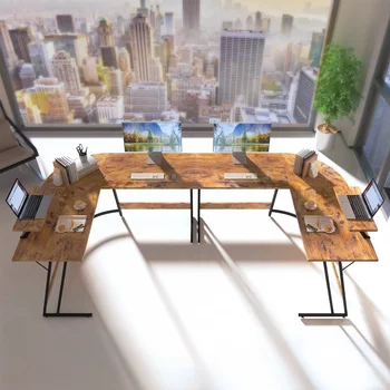 Vineego בצורת שולחן מחשב מודרני פינה שולחן עם שולחן קטן,כפרי חום