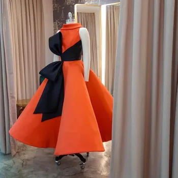 Xijun עיצוב חדש סעודיה כתום סאטן שמלות לנשף עם סרט שחור קפלים שמלות ערב תה אורך רשמי שמלת מסיבת