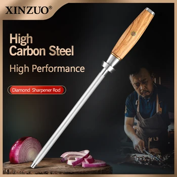 XINZUO מקצועי סכין שף מחדד מוט פלדת פחמן גבוהה יהלום חידוד מקל עם עץ זית + נחושת להתמודד עם פרח