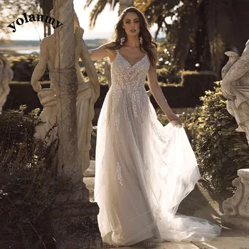 YOLANMY אלגנטי, נוצץ שמלות כלה טול רצועות ספגטי מתוק אפליקציות Vestido De Casamento בהתאמה אישית לנשים