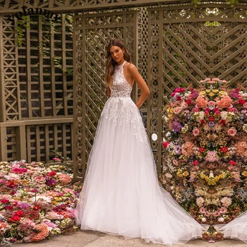 YOLANMY זוהר הקולר אפליקציות שמלות חתונה עבור Mariages תחרה, טול אלין Vestido De Casamento בהתאמה אישית זרוק משלוח