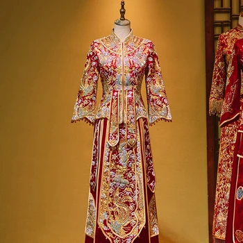 Yourqipao סיני Xiuhe בגדים 2023 המסורתי החדש Cheongsam שמלת החתונה טוסט העתיקה Custumes כבד חרוזים שמלות כלה