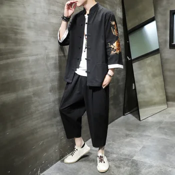 Yourqipao סינית מסורתית גברים הדרקון רקום חולצה מכנסיים שושלת טאנג קונג פו טי-שירט העליון הז ' קט מכנסיים להגדיר