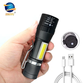 ZHIYU מיני T6 LED COB זום פנס נייד lWaterproof קמפינג עובד האורות נטענת USB Flash אורות לפיד עט קליפ