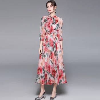 ZUOMAN נשים אביב פרחוני אלגנטי שיפון שמלה לפסטה באיכות גבוהה מסיבת חתונה חלוק נשי בציר קשת מעצב Vestidos