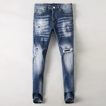 אופנה וינטג גברים ג 'ינס רטרו כחול רזה אלסטי מתאים חור, קרע בג' ינס גברים צבועים מעצב היפ הופ ג ' ינס עיפרון מכנסיים גבר