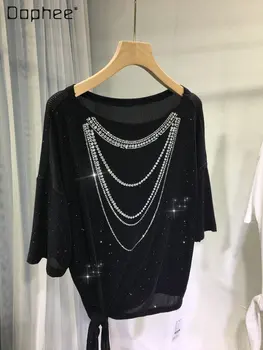 אופנה חופשי כבד בעבודת יד Diomand חולצה נשית 2023 קיץ נוצץ צוואר עגול שרוול קצר מסובכת כל-התאמת קצר העליון