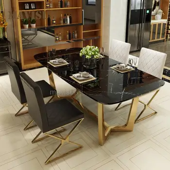 אור יוקרה מודרניים נירוסטה השיש שולחן כיסא שילוב להגדיר מלבני צפון אירופה מאסה ריהוט למטבח