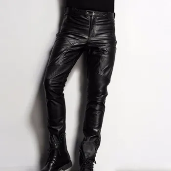 איטליה 2023 אנשים חדשים מנוע אופנוען סקיני מכנסיים יוקרתי עור אמיתי Slim Fit אופנוע זכר מכנסיים שחורים רוק Pantalon גבר