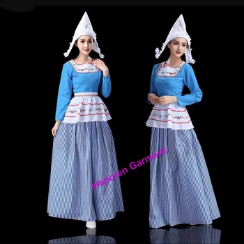 אישית באביב ובסתיו נשים כחול הולנדית אתני החצאית הארוכה מתאים הופעות הבמה או מסלול הפתיחה מראה
