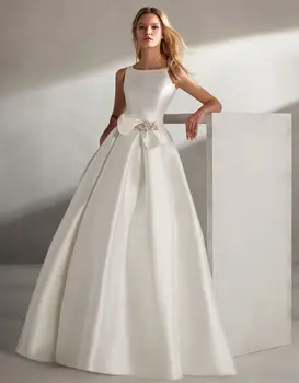 אלגנטי Vestidos דה נוביה סאטן הלבן חתונה שמלות 2021 קו A סקופ עם קשתות חרוזים זולים בוהו שמלת כלה שמלות כלה