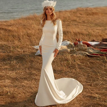 אלגנטי סקופ צוואר שמלת כלה בתולת ים 2022 פשוט שרוול ארוך ללא משענת שמלת כלה כפתור תחרה Vestido De Noiva