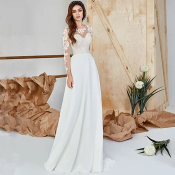 אלגנטי קו ארוך שרוול שמלת החתונה 2021 O-צוואר אפליקציות תחרה באורך רצפת רכבת לטאטא שמלת כלה עם הכפתור חזרה