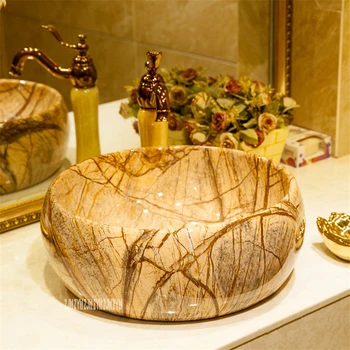 אמבטיה עגולה יד כיור אומנות העץ-מרקם קרמי כיור שטיפת חדר כיור קערה שירותים חור אחד מעל הדלפק אגן