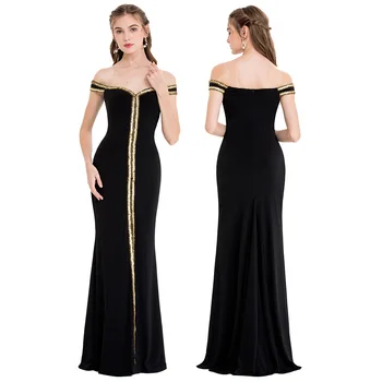 אנג ' ל-אופנה של נשים הסירה צוואר באורך רצפת רשמי שמלת מסיבת חופש כתף אמא של הכלה השמלה נוצצת. שסף שמלה שחורה קטנה