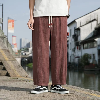 אנשים של קיץ מגניב נוח רחב הרגל מכנסי כותנה, פשתן חופשי Hanfu מכנסיים בסגנון סיני מזדמנים מכנסיים במידות M-5XL