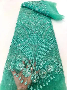 אפריקה חרוזים תחרה בד באיכות גבוהה בעבודת יד חרוזים הניגרי צרפתית טול תחרה עם נצנצים 3D חומר על שמלת החתונה.