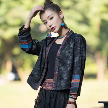 אתני חדש רקמה קרדיגן מעיל קצר נשים רטרו טאנג חליפה שרוול ארוך בסגנון סיני ' קט סיני בגדים צוואר V Hanfu