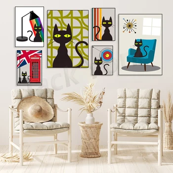באמצע המאה אמנות מודרנית הדפסה, חתול שחור הדפס מתנה, גאווה קשת אמנות הדפס רטרו צבע החתול פוסטר צבעוני אמנות קיר