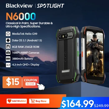 [בכורה] Blackview N6000 מחוספס מכונת 4.3 אינץ אנדרואיד 13, הליו G99 אוקטה ליבות, 16 ג ' יגה-256GB, 48MP מצלמות, NFC