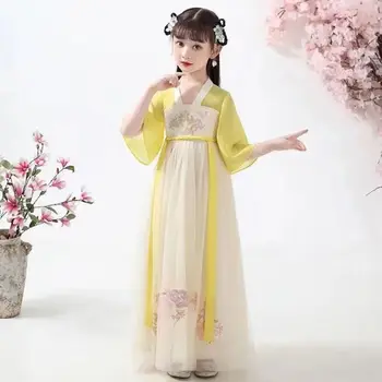 בנות ילדים תחפושת נסיכת פיות הסינית מסורתית בסגנון חזה מלא באביב ובסתיו ילדים צהובים Hanfu השמלה