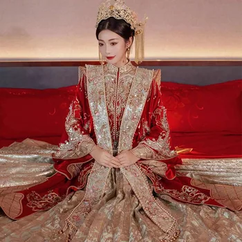 בסגנון סיני כלה וינטג ' פייטים חרוזים רקמה ציציות Cheongsam מסיבת חתונה שמלות מזרחי טוסט בגדים