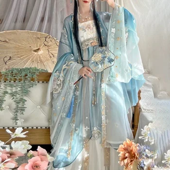 בציר Hanfu שמלה לנשים שיפוע כחול רקמה מסורתית סינית Hanfu מערכות הגברת קרנבל Cosplay ריקוד תלבושת שמלה