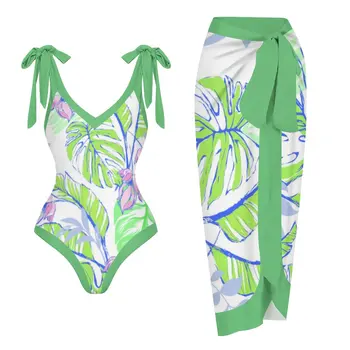 בציר ירוק יער גשם הדפסה 2 חלקים של בגדי ים שטוח צוואר סקסי לדחוף את בגדי אופנת נשים ללא שרוולים Beachwear 2023