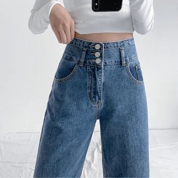 בציר כחול נשים ג ' ינס גבוהה המותניים ישר כותנה רופף רחב רגל סרבל מכנסיים ה-90 אסתטי עירוני אופנה באגי אופנת רחוב