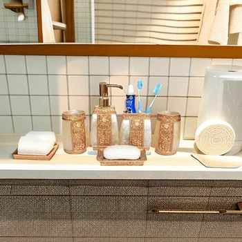 בציר עיצוב הבית Luxorious אביזרי אמבטיה סט 5 חלקים שרף שירותים ארגונית לסבון הזהב המלכותית Relivo