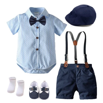 בקיץ כובע בנים בגדים עם נעלי תינוק תלבושת להגדיר את העניבה Harajuku סינר חליפה 7-חתיכות מסיבת יום הולדת שמלות כחול לבן פסים