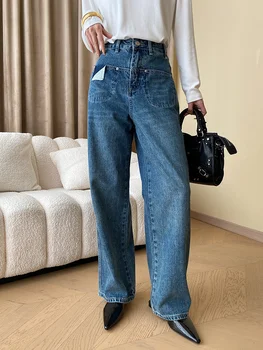 גבוה מותן סרבל כחול קיפול כיס ארוך ורחב הרגל הג ' ינס החדש משוחרר נשים מכנסיים אופנה גאות אביב סתיו O585