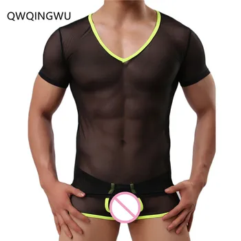 גבר סקסי גופיות V-צוואר עם שרוולים קצרים רשת בגד גוף בסיסי חולצות גברים הומואים שקוף לראות דרך חולצות תחתונים גופייה