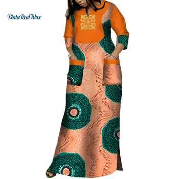 דאשיקי אפריקה שמלות לנשים Bazin ריש אפליקציה להדפיס שמלות ארוכות עם 2 כיסים אפריקאי מסורתי בגדים WY3620