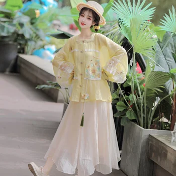 האן Xuming גרם Hanfu. נשים יכולות ללבוש חמניות מוצק צבע גודל גדול קצרים חולצה עם צוואר מרובע חצי שרוולים יומי